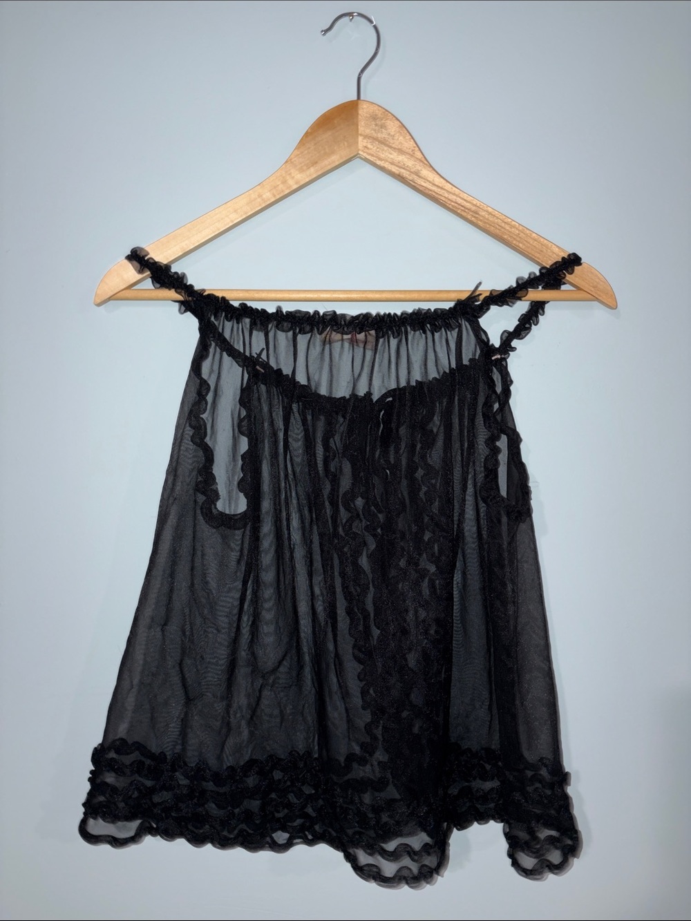 VINTAGE Babydoll Chemise Sheer Black Ruffle n Rosette mesh tank - Picture 2 of 8